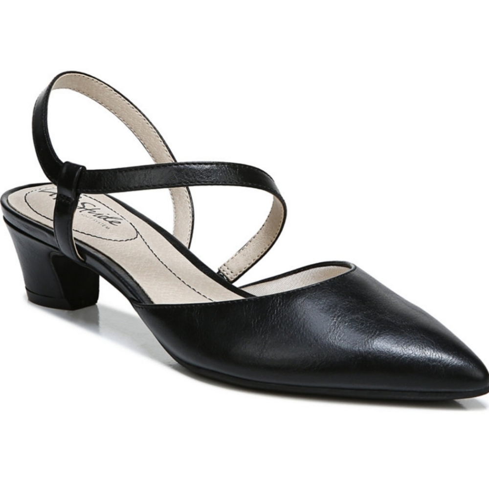 LIFESTRIDE Minimalist Black Faux Leather Slingback Pumps 10W